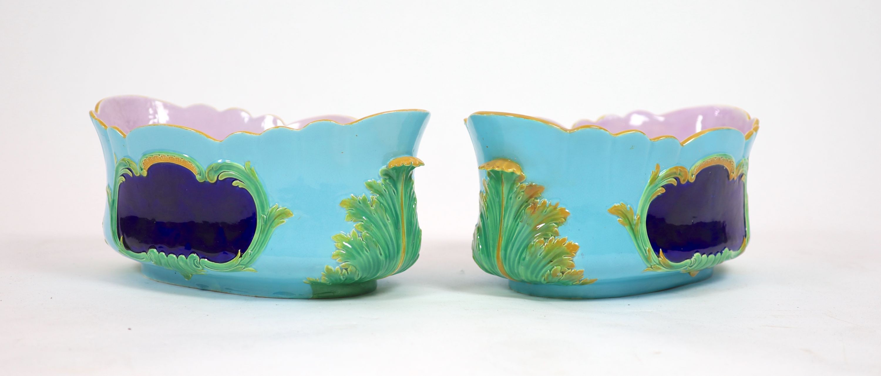 A pair of Victorian majolica elliptical jardinieres, probably Minton, 46 cm wide